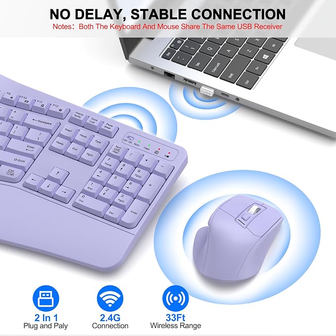 Wireless Keyboard and Mouse Combo, 2.4G Full Size Wave Keys Ergonomic Keyboard with Wrist Rest and 3-Level DPI Adjustable Wireless Ergonomic Mouse for Windows, Mac OS Desktop/Laptop/PC(Purple)