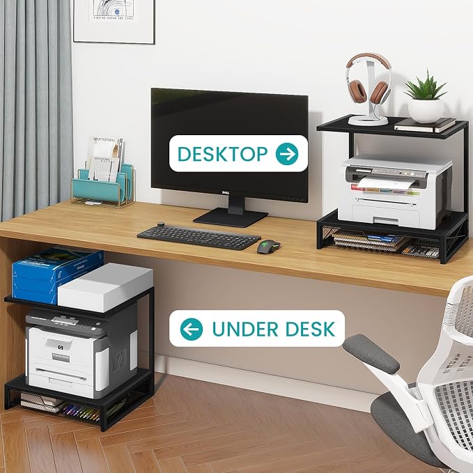 ELITEROO 2-Tier Printer Shelf with Drawers, Wooden Desk Shelf for Printer | Small Printers Shelf for Office Supplies, Desktop Storage Rack for Books, Folders, Scanner, Fax Machine, 3D Printer, Black