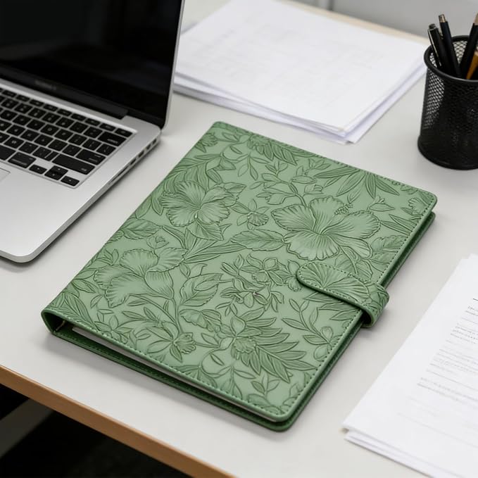 VANRA Padfolio Portfolio Binder Faux Leather Interview Resume Folder with Notepad, Document Organizer Card Holder, Letter-Sized Notepad Portfolio Organizer for Business School Office (Green)