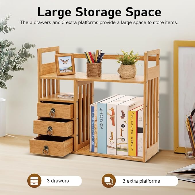 Bamboo Desktop Bookshelf, Desk Organizer Display Shelf with 3 Drawers, Counter Top Bookcase Wood Tone Display Shelf Rack Multipurpose Bookshelf for Home Office