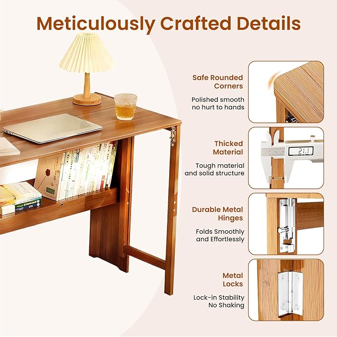 41" Bamboo Folding Desk with Bookshelf, Folding Bamboo Desk for Small Spaces, Computer Table Space Saving, Wooden Desks for Home Bedroom Study Office Bamboos Writing Desks, Brown