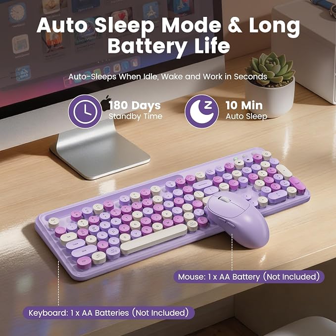 Wireless Keyboard and Mouse Combo, Retro Round Keycaps, Full-Size Stylish Typewriter Keyboard with Large Phone/Tablet Holder, 3-Level DPI Ergonomic Mouse, 2.4GHz Cordless for Windows PC, Lavender Mist
