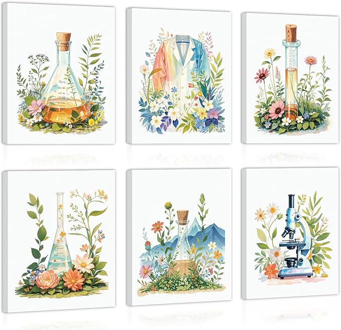 CHDITB Science Classroom Framed Canvas Wall Art, Botanical Scientific Explore Artwork, Nature Chemistry Wall Decor, Glassware Poster Microscope Art Prints For Middle School Laboratory Lab Decor-8”X10”