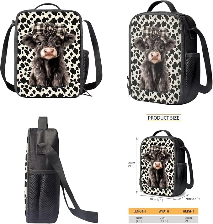 WELLFLYHOM Kids Highland Cow Book Bags for Girls 6 Years Old, 4 Pcs Set | Girls 7-8 Cow Print School Backpack Elementary Dayback Insulated Lunch Box Pencil Case Water Bottle Holder