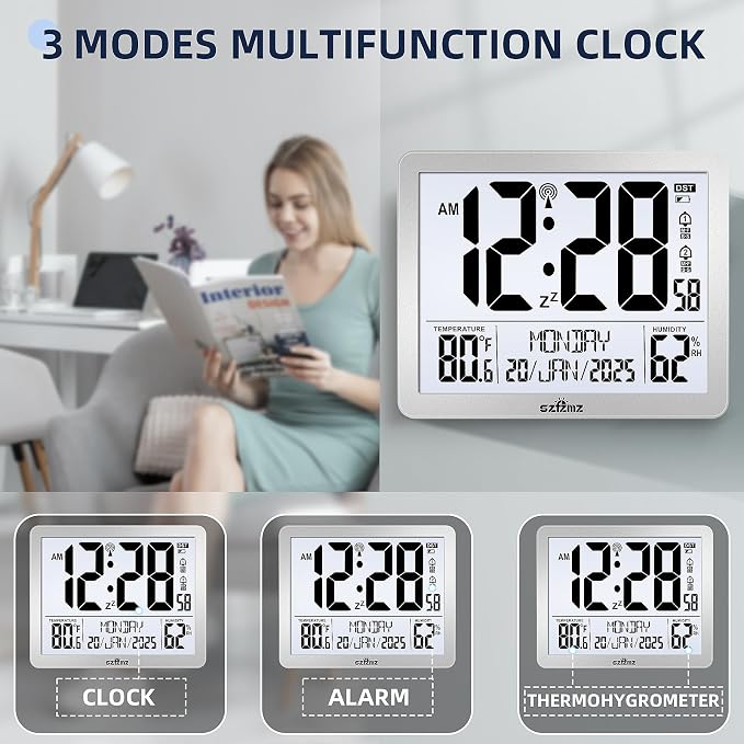 Digital Wall Clock Battery Operated with Backlight, Atomic Alarm Clocks with Indoor Temperature & Humidity for Bedrooms, Office, 8.5" Small Desk Clock with Large Display for Seniors, Auto DST, Sliver