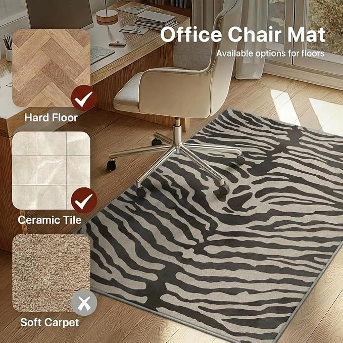 36"x60" Office Chair Mat for Hardwood Tile Floor, Under Desk Carpet Protector for Rolling Computer Chair Mat, Machine Washable Area Rug, Anti-Slip 1/5" Thick Low Pile Thin Vinyl Floor Mat, Zebra