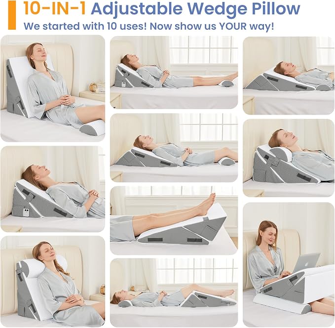 Sasttie Adjustable Wedge Pillow Set for After Surgery, Dark Grey & White | 2PCS Bed Wedge Pillow Headboard with Memory Foam Neck Cushion, for Acid Reflux, Sleeping, Neck & Back Support