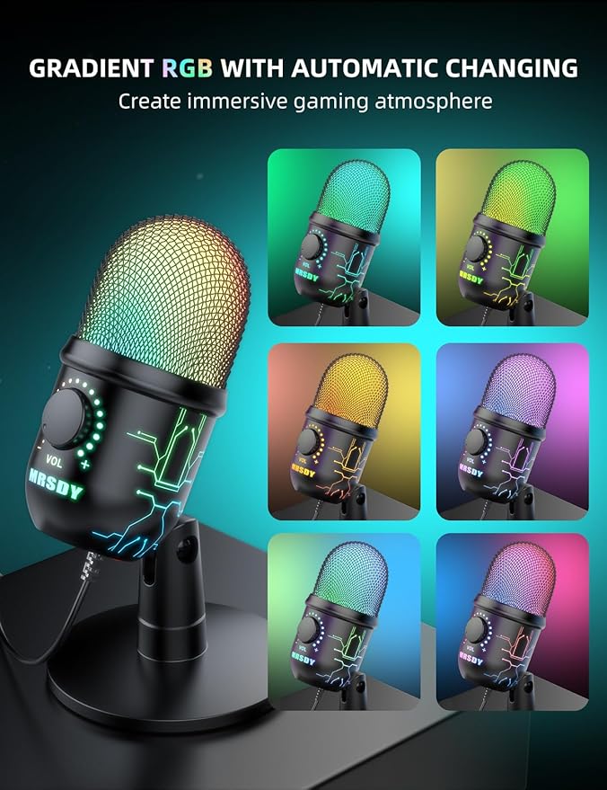 MRSDY USB Gaming Microphone for PC with Noise Reduction, Mute, Gain, RGB | Condenser Mic, Headphone Jack, Suitable for PC, Computer, PS4, PS5, Mac, Streaming, Podcasting, Recording, YouTube, Discord
