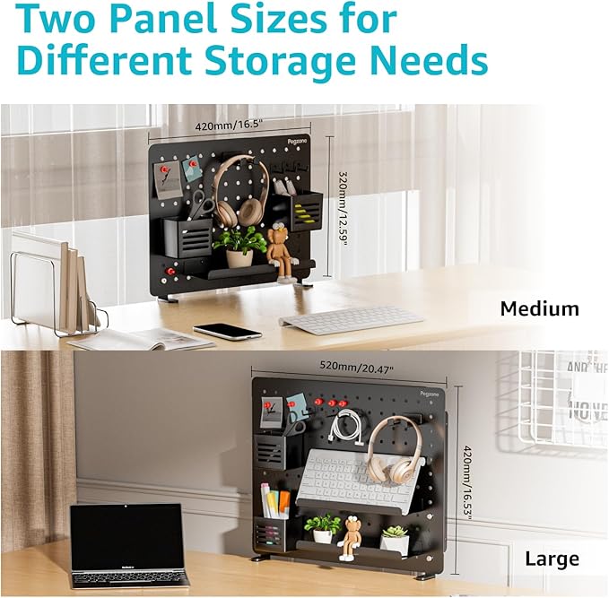 PEGZONE Clamp-on Desk Pegboard, Desk Organizer for Office Gaming Home, Magnetic Metal Peg Board with 10 Accessories, Privacy Panel, 16.5" x 12.6", Medium, Black