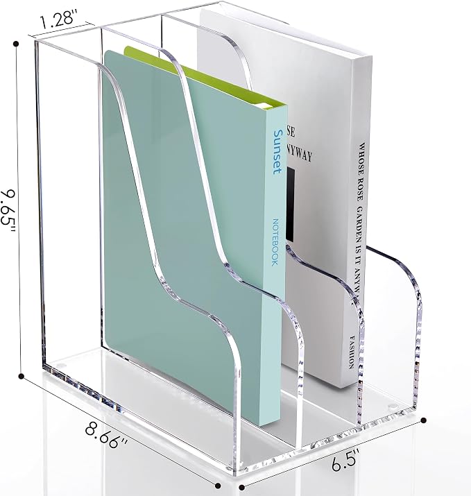 SANRUI Clear Vertical Magazine File Holder, Acrylic Desk Organizer and Storage Bins Holding for Magazines Binders, Notebooks, Envelopes A4 Folder Binder Holders Sorter, 3 Compartments