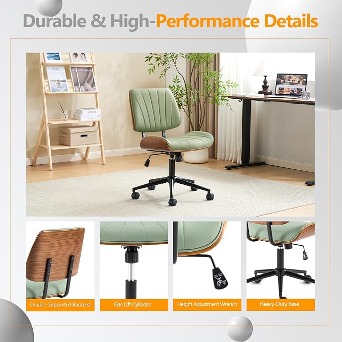 VINGLI Wide Curved Seat&Back Armless Home Office Chair,Ergoromic Adjustable-Height Desk Chair,Swivel&Tilting Function,Stylish Walnut Task Chair for Meeing Room,Dining Room,PU,Olive Green