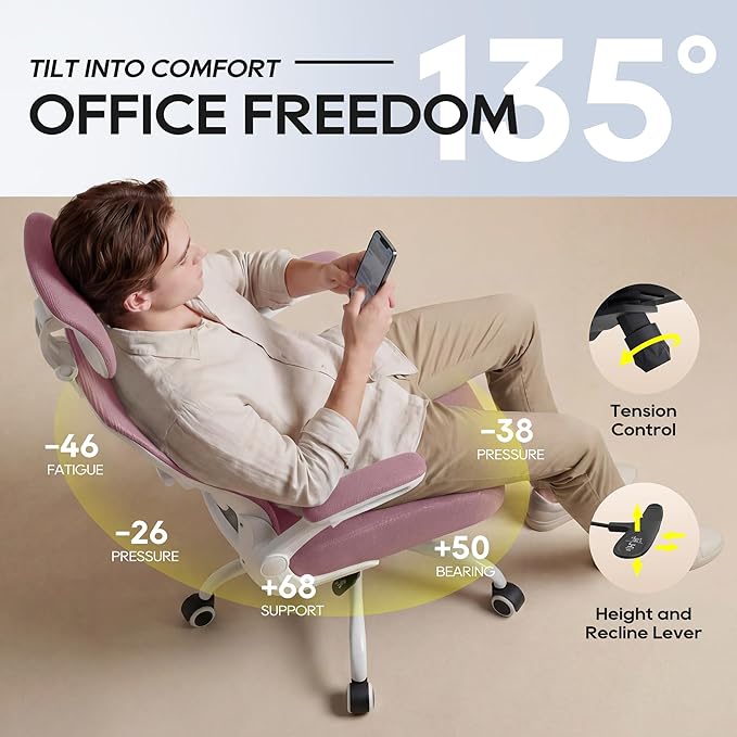 Ergonomic Office Chair, High Back Mesh Desk Chair with Adjustable Lumbar Support & Headrest, Flip-up Armrest, Computer Task Chairs for Home and Executive Office (W-Purple)