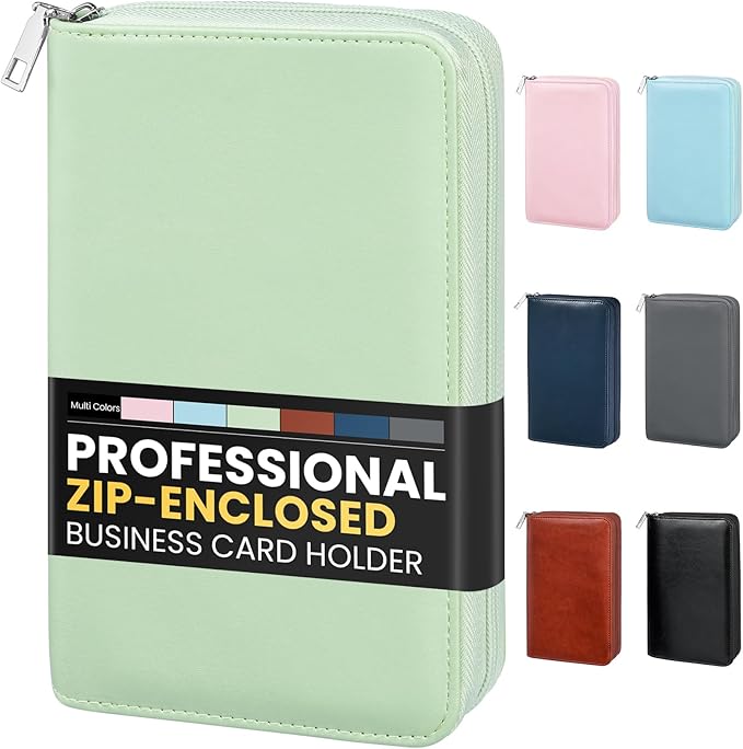 Sooez Zip-Enclosed Business Card Holder Organizer, Professional Credit Card Case Book for Women Men, 240 Capacity, Premium Vegan Leather Gift Card Organizer Storage, 7.87"×4.92"×1.57", Green