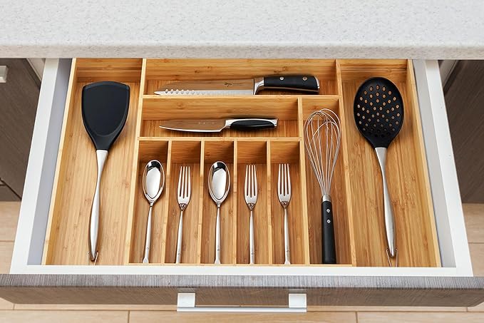 Extra Large Expandable Kitchen Siverware Utensils Drawer Organizer, 19" Deep for Big Drawer, Adjustable Bamboo Wood Drawer Divider with Curved Grooves, Cutlery Tray Flatware Holder