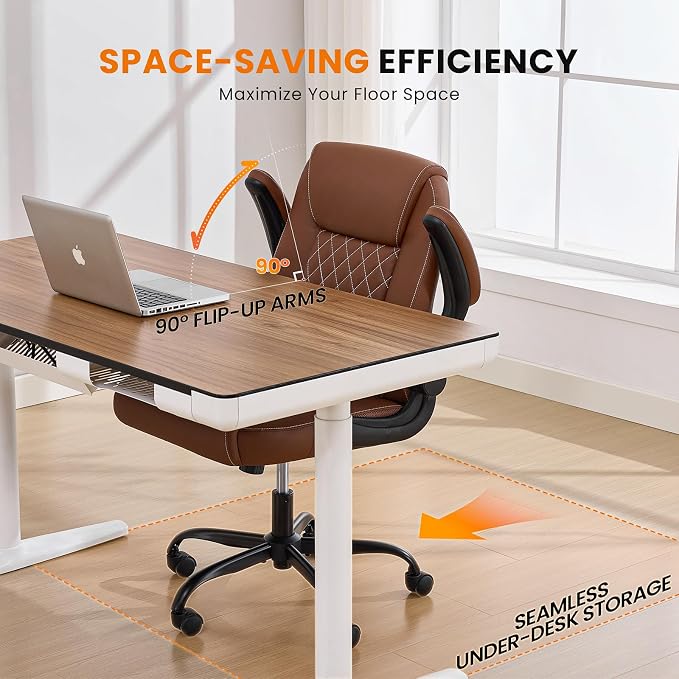 Leather Office Chair, 300lbs Heavy Duty Mid-Back Desk Chairs with Flip-up Armrests, Space-Saving Swivel Task Chair with Wheels, Adjustable Height and Ergonomic Back Support, Brown