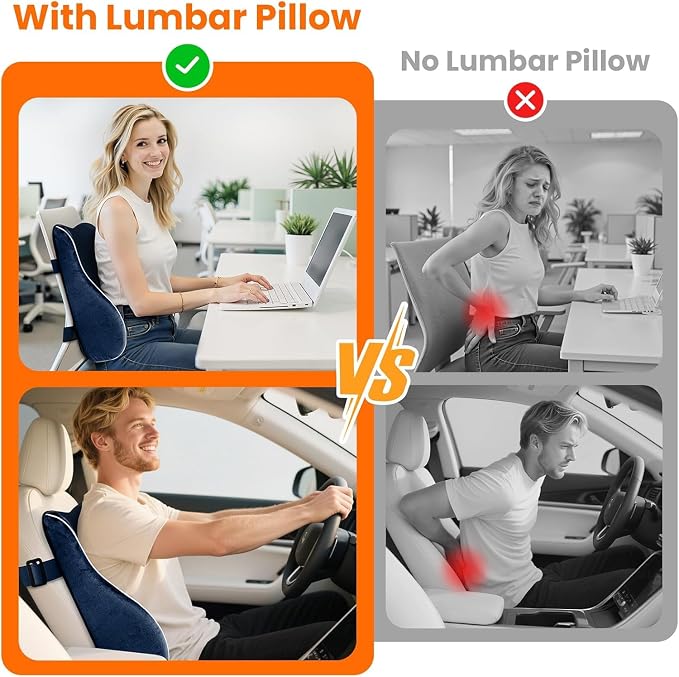 CloudBliss Lumbar Support Pillow, Memory Foam for Office, Standard, Blue | Ergonomic High-Density Memory Foam, Adjustable Straps, Washable Mesh Cover, Lower Back Support for Office, Gaming & Car Seat