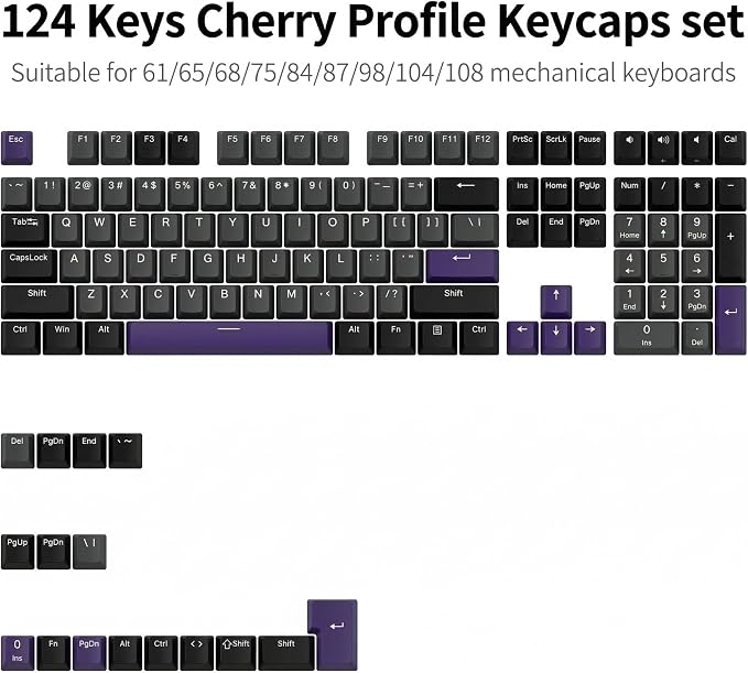 124 Keys Black Grey Purple Keycaps, PBT Double Shot Cherry Profile Keycap Set, Custom Mechanical Keyboard Keycaps for 60% 65% 75% 87% 100% ANSI Layout，Cherry Mx Switches