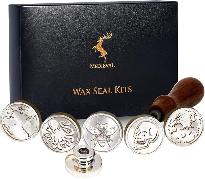Wax Seal Stamp Kit, Set of 6 Sealing Wax Stamp with Brass Head Wooden Handle (Moon & Sun World Map Dinosaur Skeleton Bumblebee Octopus Design)