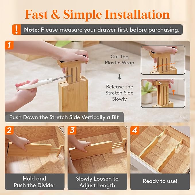 Lifewit 4" High 4 Pack Bamboo Drawer Dividers 31-40cm/12-16 Adjustable Wooden Drawer Organizer for Clothes/Utensils, Expandable Drawer Separator for Dresser/Kitchen/Bedroom/Office Organization