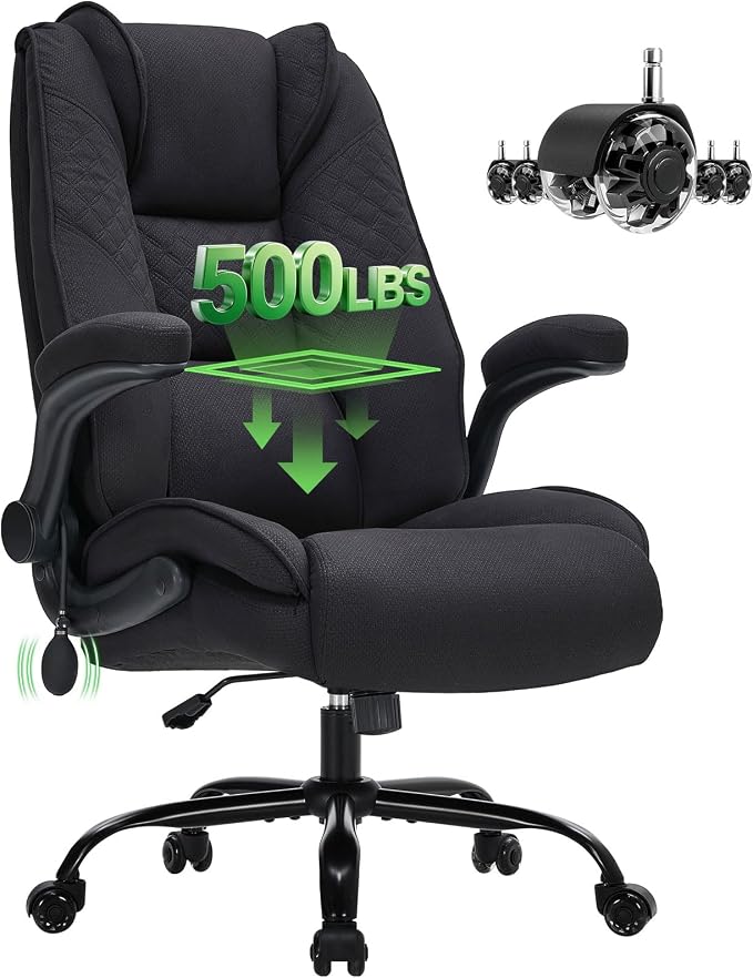 CIOMAN 500lbs Big and Tall Office Chair with Inflatable Lumbar Support, Rubber Wheels Executive Chair with Rocking Function, High Back Wide Cushion Ergonomic Desk Chair for All-Day Sitting,Matte Black