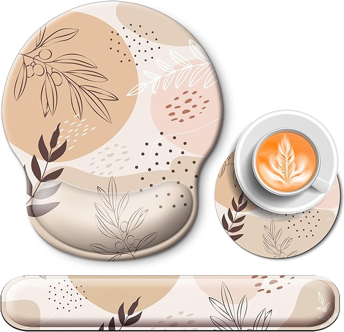Mouse Pad and Keyboard Wrist Rest Support, with Non-Slip PU Base,Gel Mouse Pad with Coaster,Pain Relief for Gaming, Computer,Office -Boho Leaves