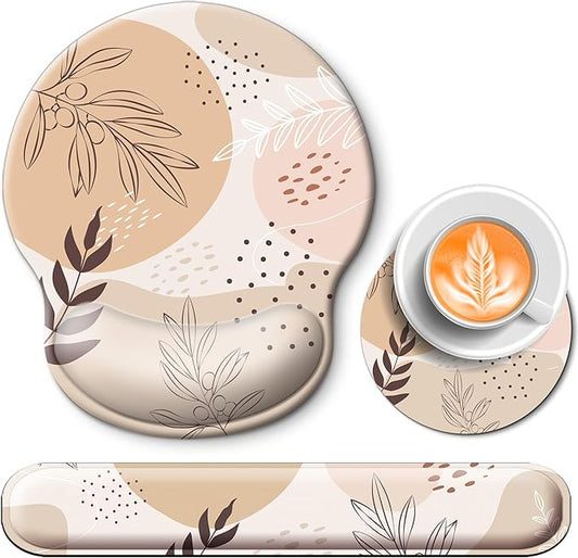Mouse Pad and Keyboard Wrist Rest Support, with Non-Slip PU Base,Gel Mouse Pad with Coaster,Pain Relief for Gaming, Computer,Office -Boho Leaves