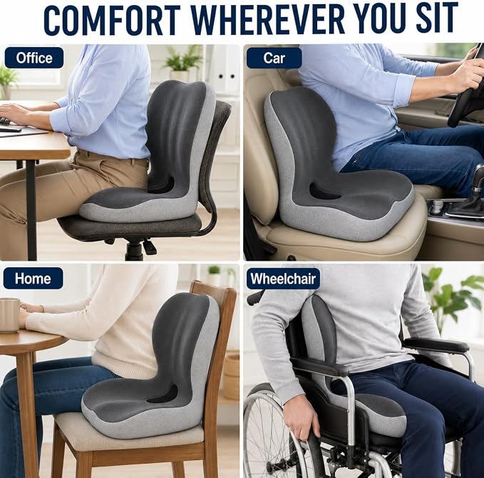 Ergonomic Memory Foam Seat Cushion for Tailbone Pain Relief, Suitable for Office Home Chair, Car and Wheelchair (Black & Gray(Oversized))