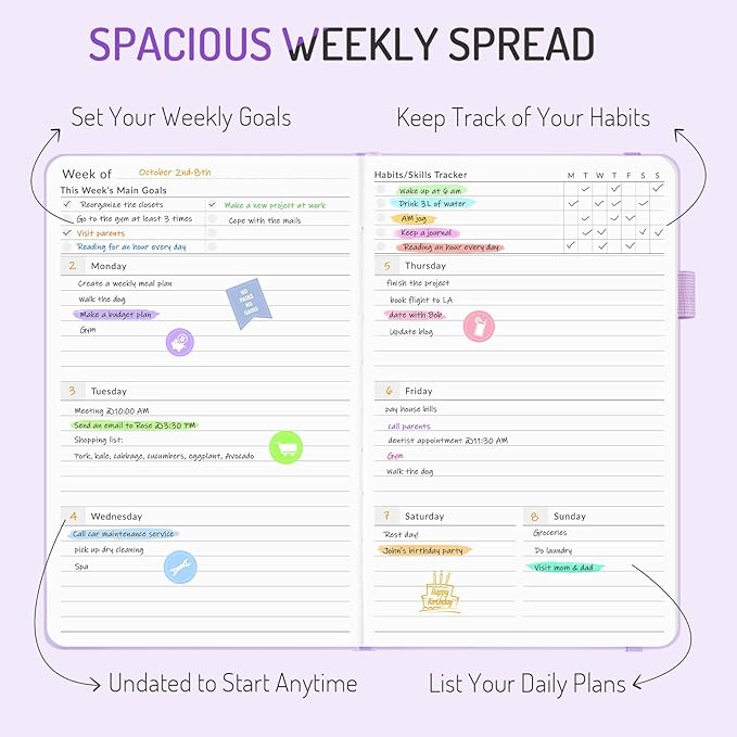 Undated Weekly Planner for 2026, Forvencer Simplified Weekly & Monthly Calendar Planner, Cute Daily Organizer Notebook, Agenda Journal to Track Goals & Tasks, Start Anytime, A5 Size, Brown Leaf
