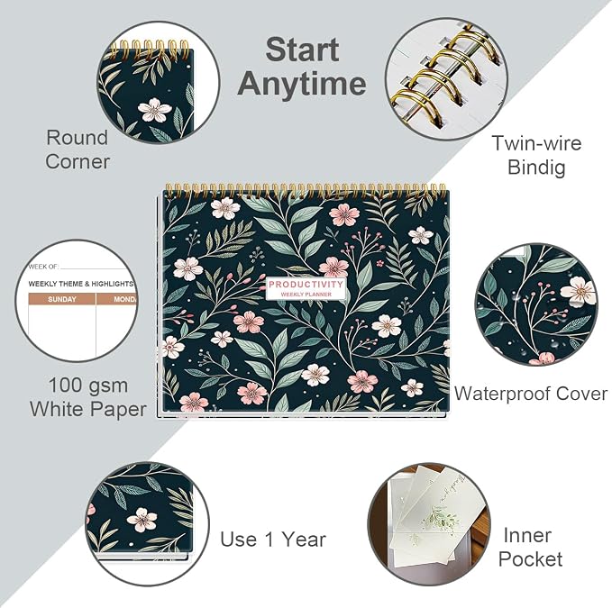 Weekly Productivity Planner - 8.5" x 11" Dashboard Desk Notepad Has 6 Focus Areas to List Tasks for Goals, Projects, Clients, Academic or Meal-Organize Your Daily Work Efficiently, 54 Weeks, Flower-D