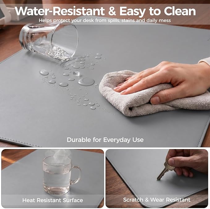 Large Desk Pad Non-Slip Desk Mat Protector for Keyboard Mouse Waterproof Vegan Leather Surface Faux Leather Laptop Mat Smooth Mouse Pad Premium Gift Tube Mist Gray 39" x 17"