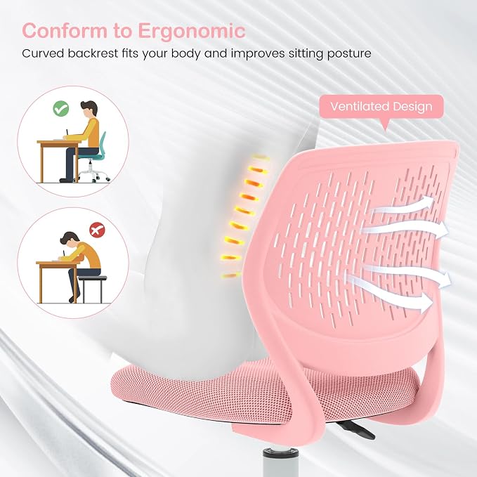 Giantex Kids Desk Chair, Adjustable Children Study Chair, Swivel Armless Mesh Task Office Chair, Computer Desk Chair with Adjustable Height & Lumbar Support, Pink