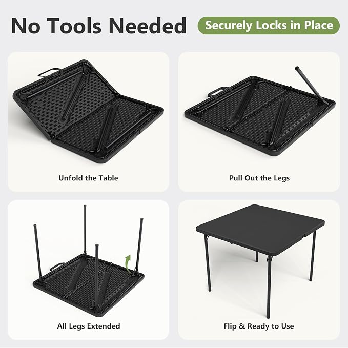 Folding Table, 36 Inch Square Foldable Card Table with Carrying Handle, Heavy Duty Fold-in-Half Portable Table No Assembly, Ideal for Picnic, Camping, RV Travel, Parties, BBQs, Crafting and Indoor Use