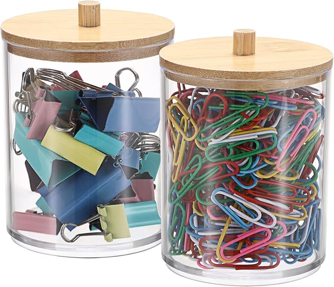 BTSKY 2 Pack Clear Paper Clip Holder with Bamboo Lid Plastic Paperclip Box Useful Office Supply Accessory Organizer Round Small Storage Holder Cute Qtip Holder for Office Bathroom Vanity