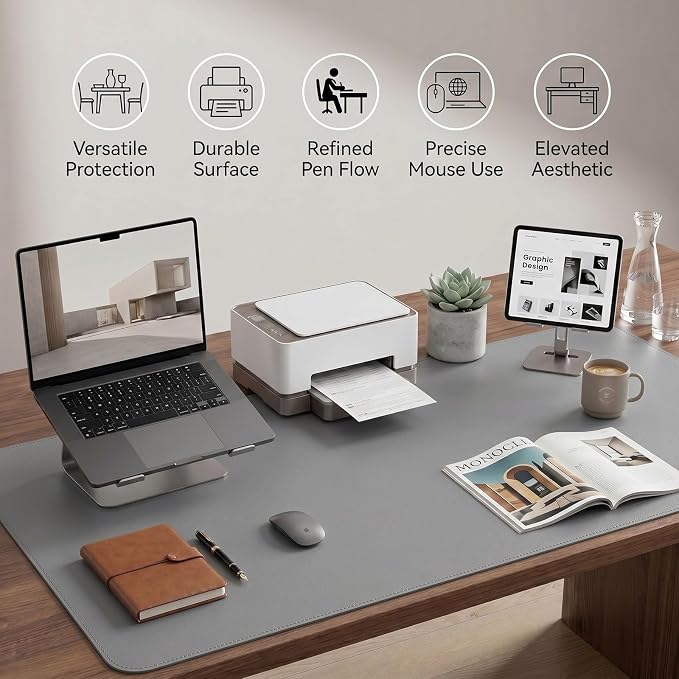 Large Desk Pad Non-Slip Desk Mat Protector for Keyboard Mouse Waterproof Vegan Leather Surface Faux Leather Laptop Mat Smooth Mouse Pad Premium Gift Tube Mist Gray 47" x 17"