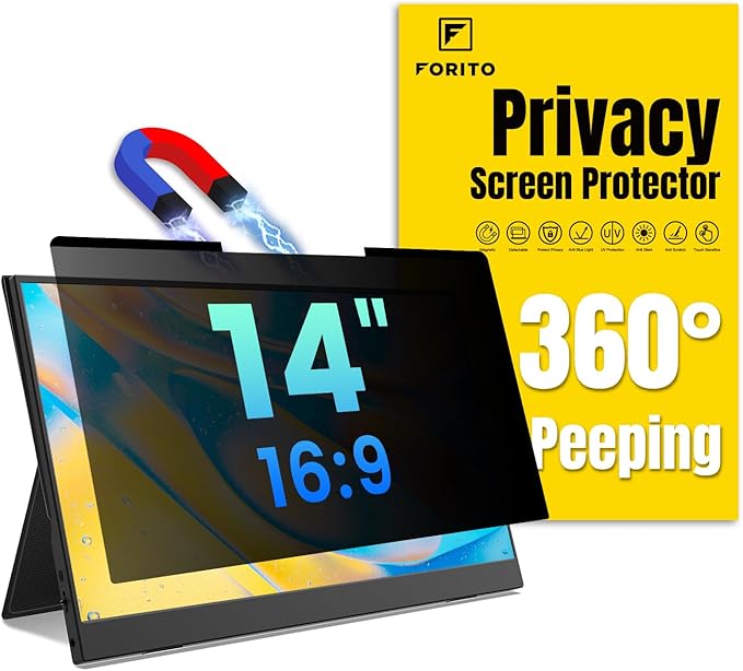 F FORITO Magnetic Laptop Privacy Screen 14 inch 16:9, 360° Anti Peeping Removable Anti Glare Blue Light Filter Compatible with All 14” 16:9 Laptops Portable Monitors