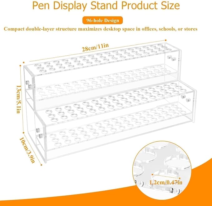 96-Slots Acrylic Pen Holder,2-Tier Pen Display Stand for Craft Shows,12mm Beadable Pens Stand Paint Brush Holder Pencil Organizer Makeup Brush Rack Art Brush Organizer for School Classroom Supplies