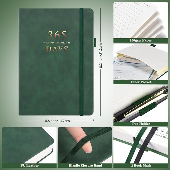 Undated Daily Planner with To Do List, 365 Days Agenda for Men, Hourly Planner Notebook for Goal Setting and Productivity with Calendar, 8.3" x 5.8" (Green)