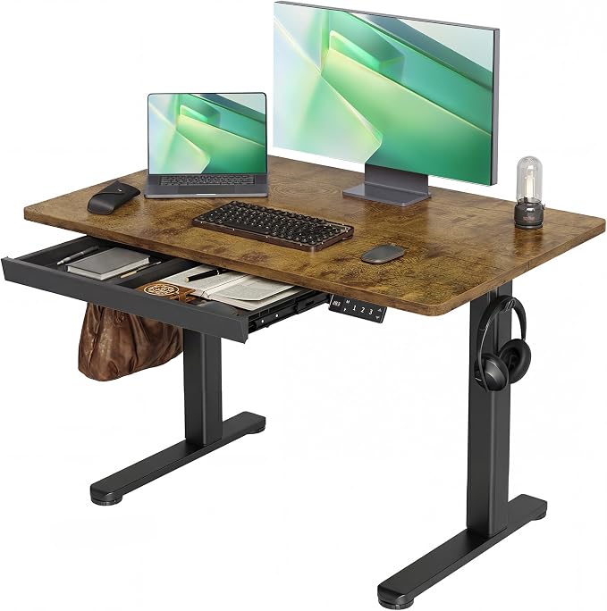 Claiks Electric Standing Desk with Drawer 40 Inch Rustic Brown | Sturdy steel frame supports 176 lbs, 28.35-46.46 inch height range, 45 dB quiet motor, 2 hooks included, quiet