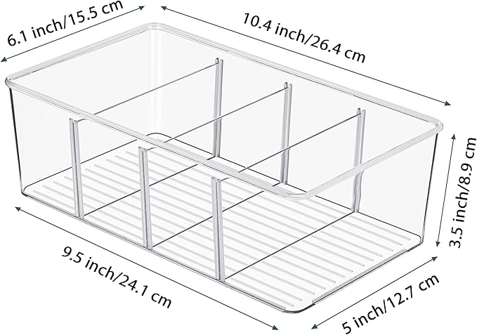 Vtopmart 4 Pack Food Storage Organizer Bins, Clear Plastic, 4 Compartments | For Pantry, Kitchen, Fridge and Cabinet Organization, Organize Food Packets, Snacks, Pouches and Spice Packets