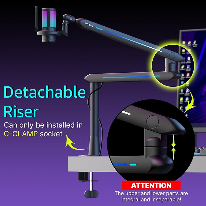 IXTECH RGB Low Profile Boom Arm for Mic, Adjustable Microphone Arm Stand with Desk Mount Clamp, Rotatable Microphone Boom Arm Mic Stand with Cable Management for Podcast Streaming Gaming Studio.