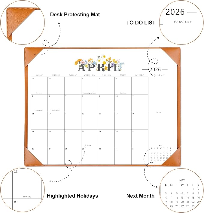 Desk Calendar 2026-2027 - 18 Month Desktop Calendars (Jan 2026–Jun 2027),Large 22x17 Monthly Calendar with Home & Office Floral Desk Pad Calendars (Brown, 22 * 17)