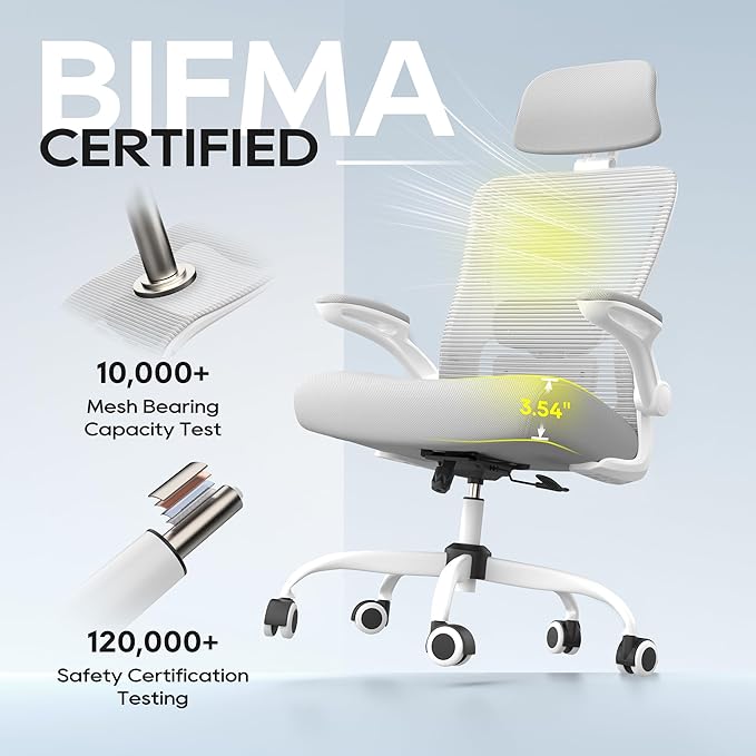 Ergonomic Office Chair, High Back Mesh Desk Chair with Adjustable Lumbar Support & Headrest, Flip-up Armrest, Computer Task Chairs for Home and Executive Office (W-Grey)