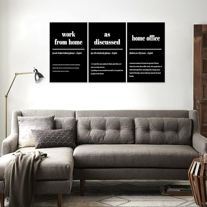 3 Piece Inspirational Canvas Wall Art, Quote "Work From Home - as Discussed - Home Office" Motivational Print Picture, Triptych Entrepreneur Poster Framed Artwork for Men Women Room Decor(48"Wx24" H)