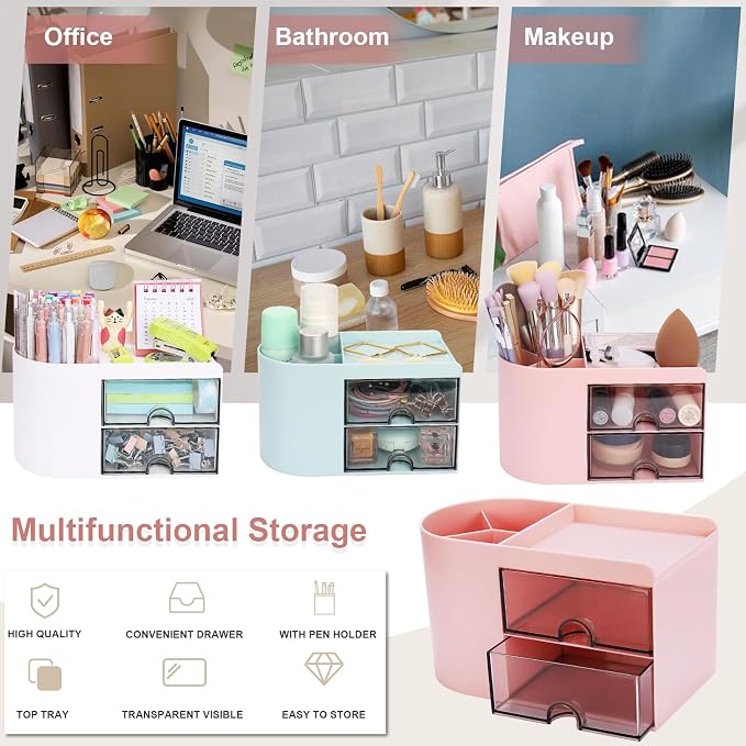 Meiikun Desk Organizer with Drawer, Pen Organizer for Desk, Small Pencil Holder, Desk Organizers and Accessories for Office Home Storage (2 Drawers+4 Compartments, Pink)