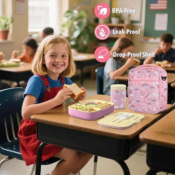 Kids Bento Lunch Box with Thermo Leak-Proof Snack Lunch Containers with Insulated Lunch Bag Utensils Set Back to School Supplies Gifts for Boys and Girls Toddlers Kindergarten Lunch Accessories Pink