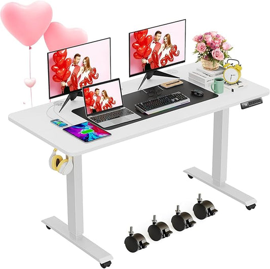 farexon Electric Standing Desk Adjustable Height, 55x24 Inches Computer Desk with 4 Preset Heights, Double Metal Hook, Rolling Wheels, Multifunctional Stand up Desk for Home/Office(White)