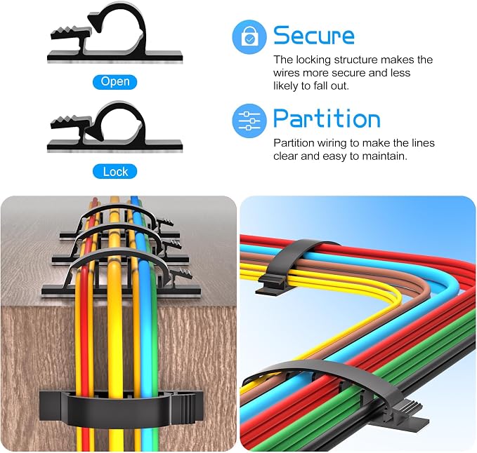 XHF 30pcs Adhesive Cable Wire Clips Kit Black, Outdoor Cable Management Wire Organizer Cord Holder for Under Desk, Car, Wall, TV PC Ethernet Cable
