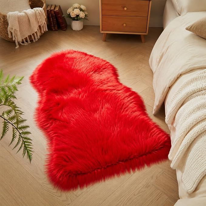 EasyJoy Ultra Soft Faux Fur Rug Fluffy Sheepskin Rug for Bedroom Living Room Sofa Bedside Floor(2 x 4 ft Sheepskin, Red)