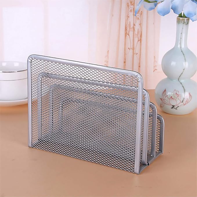 VANRA 2 Small Letter Sorters Desktop Envelopes Holder Organizer Metal Mesh | 2 Pack Desk Letter Organizer 4 Compartments Bills Holder Paper Sorter Letter Tray for Office School Storage (Silver)