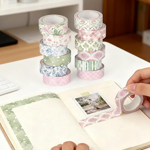 12 Rolls Watercolor Floral Washi Tape Set 15 mm Vintage Flower Decorative Masking Tape for Summer School Arts DIY Craft Scrapbook Journal Supplies Gifts(Pink,Blue and Green,Garden)